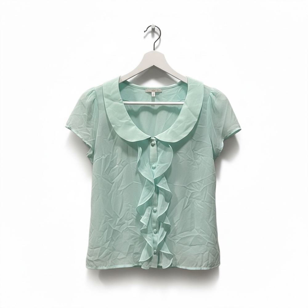 Vtg Light Mint Ruffle Front Peter Pan Blouse - Women